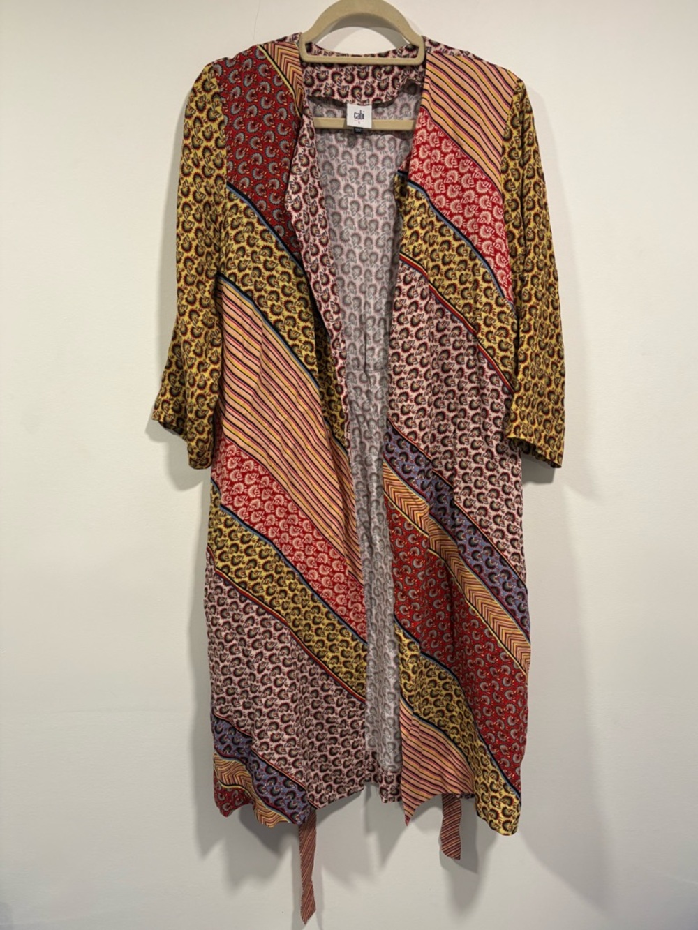 CAbi Multiprint Open-Front Kimono in Red, Yellow & Pink